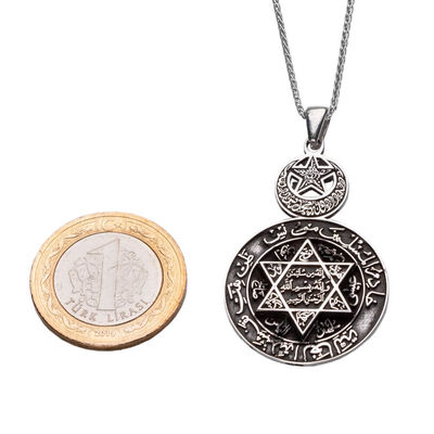 925 Ayar Gümüş Ay Yıldızlı Mührü Süleyman Erkek Kolye Gümüş Renk Zincirli Model1 - 2