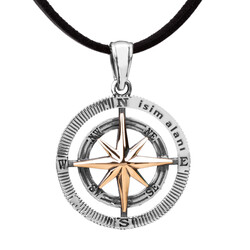 925 Ayar Gümüş Pusula Erkek Kolye (Deri İpli) - Anı Yüzük