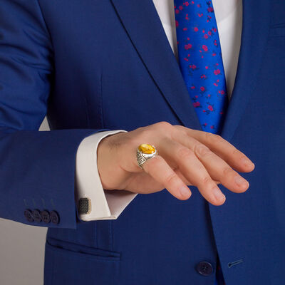 925 Ayar Gümüş Simetrik Desenli Sarı Taşlı Erkek Yüzük - 4