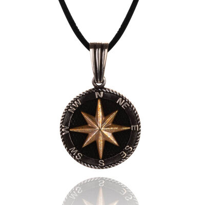 925 Sterling Silver Northern Star Compass Necklace with Leather Cord - 1