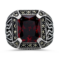 925 Sterling Silver Tulip Patterned Faceted Red Zircon Stone Men's Ring - 2