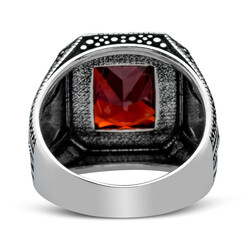 925 Sterling Silver Tulip Patterned Faceted Red Zircon Stone Men's Ring - 3