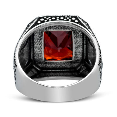 925 Sterling Silver Tulip Patterned Faceted Red Zircon Stone Men's Ring - 3