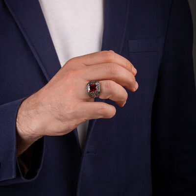 925 Sterling Silver Tulip Patterned Faceted Red Zircon Stone Men's Ring - 4