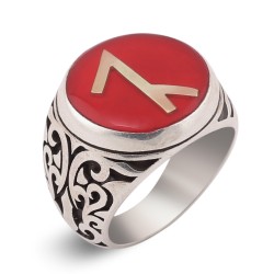 Afşar (Avşar) Boyu Tamga Motifli Kırmızı Mineli Yüzük - Anı Yüzük