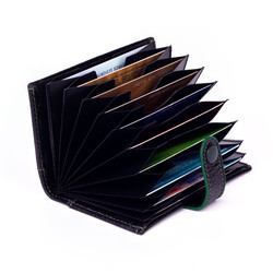 Akordiyon Model Hakiki Deri Kartlık Siyah-Yeşil Detaylı 