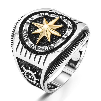 Anchor and Rudder Compass Pattern Men's Sterling Silver Ring - 2