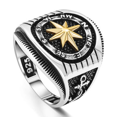 Anchor and Rudder Compass Pattern Men's Sterling Silver Ring - 3