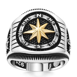 Anchor and Rudder Compass Pattern Men's Sterling Silver Ring - 4