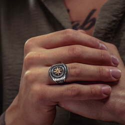 Anchor and Rudder Compass Pattern Men's Sterling Silver Ring - 6