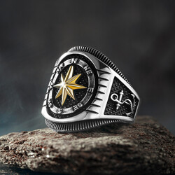 Anchor and Rudder Compass Pattern Men's Sterling Silver Ring - 1