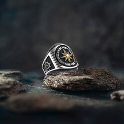 Anchor and Rudder Compass Pattern Men's Sterling Silver Ring - 8