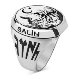 Ay Yıldız Bozkurt Motifli İsimli Gümüş Erkek Yüzük - Anı Yüzük