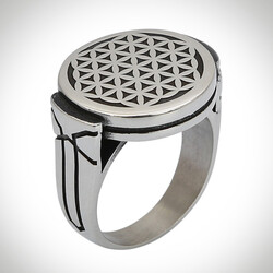 B Series Mens Round Model Flower of Life Ring Gray Color - 1