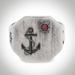 B Series Octagonal Anchor Rudder and Star and Crescent Mini Red Zircon Stone Mens Ring - 3