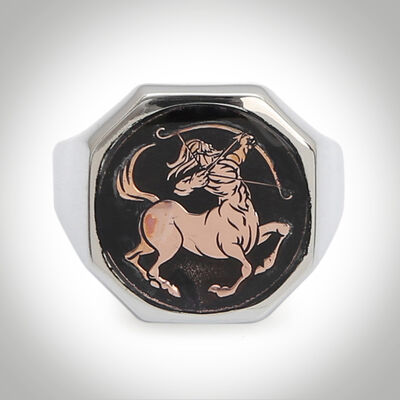 B Series Sagittarius Mens Ring Grey-Bronze Color Sides Simple Model Black Enameled - 2