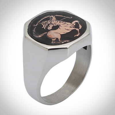 B Series Sagittarius Mens Ring Grey-Bronze Color Sides Simple Model Black Enameled - 1