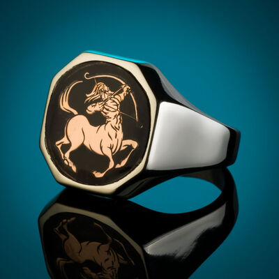 B Series Sagittarius Mens Ring Grey-Bronze Color Sides Simple Model Black Enameled - 5