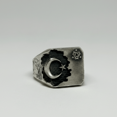 Black Onyx Stone Silver Crescent and Star Ring with Flags - 2