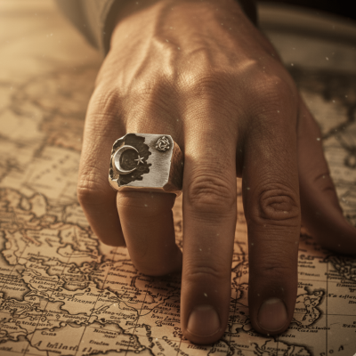 Black Onyx Stone Silver Crescent and Star Ring with Flags - 4