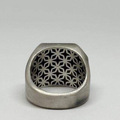 Black Onyx Stone Silver Crescent and Star Ring with Flags - 6