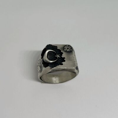 Black Onyx Stone Silver Crescent and Star Ring with Flags - 5