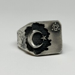Black Onyx Stone Silver Crescent and Star Ring with Flags - Anı Yüzük