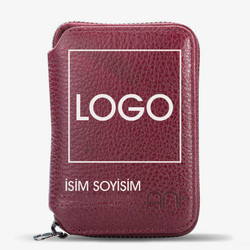 Hakiki Deri Fermuarlı İsme Özel Kartlık Cüzdan Bordo - Anı Yüzük