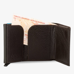 Brown Personalized Leather Card Holder with Mechanism - 4