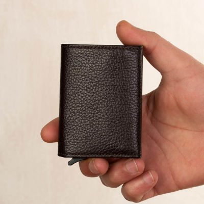 Brown Personalized Leather Card Holder with Mechanism - 6