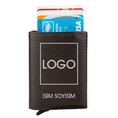 Brown Personalized Leather Card Holder with Mechanism - 1