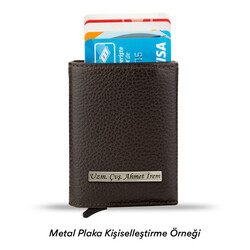 Brown Personalized Leather Card Holder with Mechanism - 2