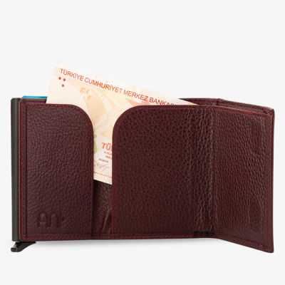 Burgundy Personalized Leather Card Holder with Mechanism - 4