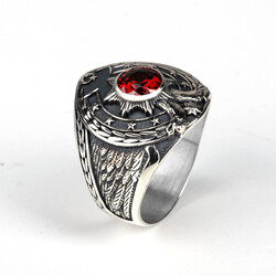 Çift Başlı Kartal Motifli Ay Yıldız Detaylı Kırmızı Taşlı Gümüş Erkek Yüzük - Anı Yüzük