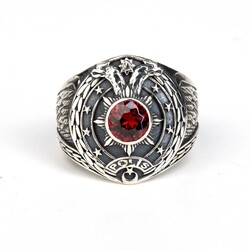 Çift Başlı Kartal Motifli Ay Yıldız Detaylı Kırmızı Taşlı Gümüş Polis Yüzüğü - Anı Yüzük