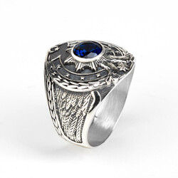 Çift Başlı Kartal Motifli Ay Yıldız Detaylı Mavi Taşlı Gümüş Erkek Yüzük - Anı Yüzük