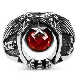 Göktürkçe Türk Yazılı Çift Kartal Başlı Uzman Çavuş Yüzüğü - Anı Yüzük