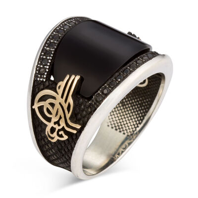 Curved Mini Stone Decorated Black Onyx Ottoman Tugra Sterling Silver Mens Ring - 1