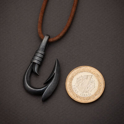 Erkek 925 Ayar Gümüş Kanca Kolye Mat Gümüş Renk Deri İpli - 2