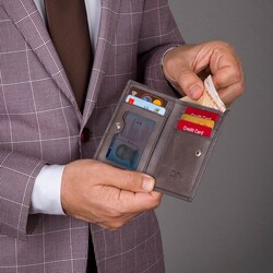 Fury Style Genuine Crazy Leather Vertical Men's Wallet with Gripper Gray - 7