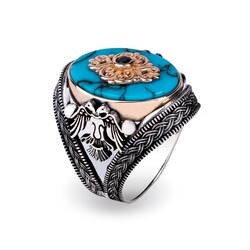 Çift Başlı Kartal Motifli Estetik Bitişli Firuze Taşlı Gümüş Yüzük - Anı Yüzük