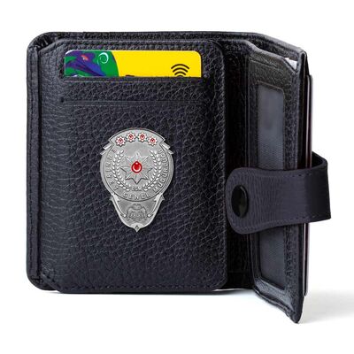 Gümüş Renk EGM Bekçi Mini Rozetli Cosmopolit Klasik Cüzdan Siyah - 1