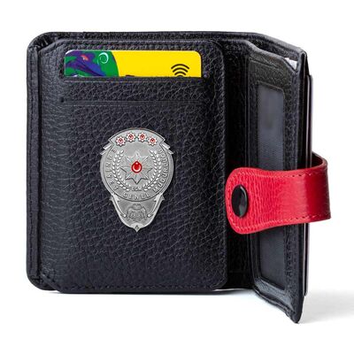 Gümüş Renk EGM Bekçi Mini Rozetli Cosmopolit Klasik Cüzdan Siyah-Kırmızı - 1