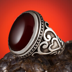 Kalp Motifli Bordo Akik Taşlı Gümüş Erkek Yüzük - Anı Yüzük