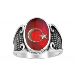 Kırmızı Mineli Ay Yıldız Motifli Gümüş Yüzük - Anı Yüzük