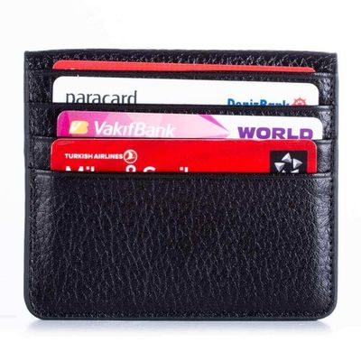 Kişiye Özel İsimli Çıtçıtlı İnce Deri Kartlık Siyah-Lacivert - 6