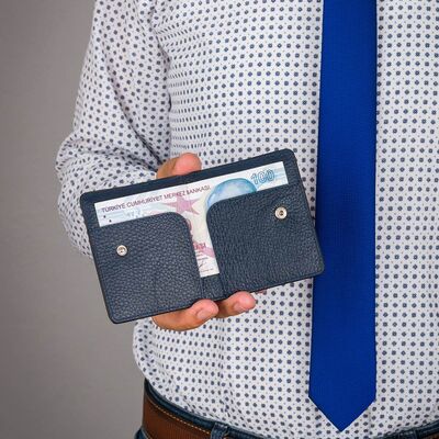 Kişiye Özel İsimli Çıtçıtlı İnce Deri Kartlık Siyah-Lacivert - 8