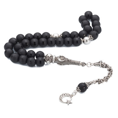 Matte Onyx Rosary (Tasbih) with Sterling Silver Crescent Star Tassel