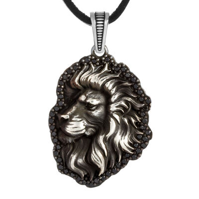Mens 925 Sterling Silver Lion Necklace Mini Black Stone Leather Cord Product Features - 1