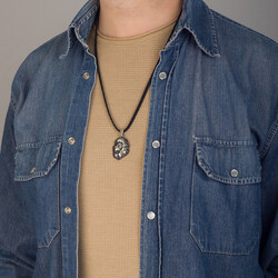 Mens 925 Sterling Silver Lion Necklace Mini Black Stone Leather Cord Product Features - 4